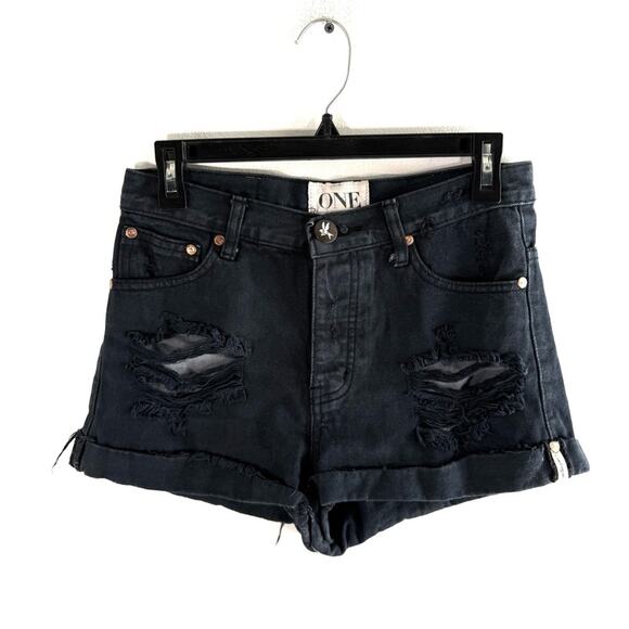 One Teaspoon Hawks Black Distressed High Rise Twisted Cuff Denim Shorts 26 - Picture 1 of 8